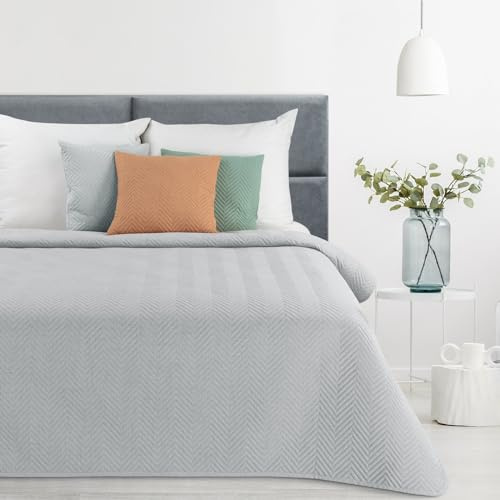 Eurofirany Stillvolle Decke in eleganter Karomuster-Steppung, Lein-Optik, perfekte Sofa- und Tagesdecke (Silber, 200x220 cm)