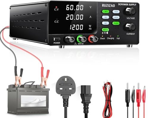 RUZIZAO Bench Power Supply Variable 60V 20A,High Power 1200W Encoder Regulated DC Power Supply 6V 12V 24V 36V 60V LiFePO4 Lithium Ion Battery Charger Lab DC Power Supply with Memory/OCP/Lock Button