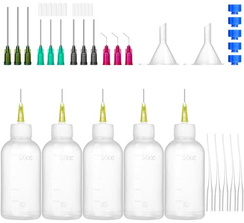 50ml Glue Precision Tip Applicator Bottle,Needle Tip Squeeze Bottle with 14ga 16ga 18ga 20ga 25ga Blunt Needle Oiler and Storage Caps (50ml)
