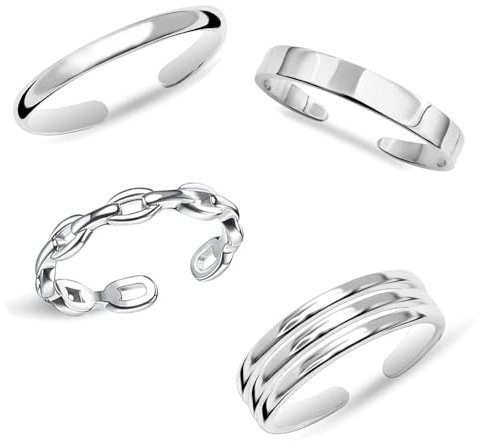 LeCalla 4 Stück 925 Sterling Silber Zehenringe für Frauen | Offene verstellbare Band Ringe Schmuck Set | Sommer Strand Zehenringe Set Fußschmuck