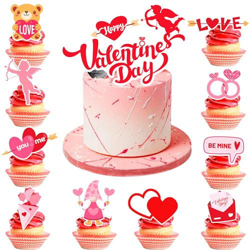 Happy Valentine's Day Cake Topper, 20 Pcs Valentine's Day Cupcake Toppers Happy Valentinstag Cupcake Toppers & 1 Pcs Valentinstag Kuchen Dekorationen