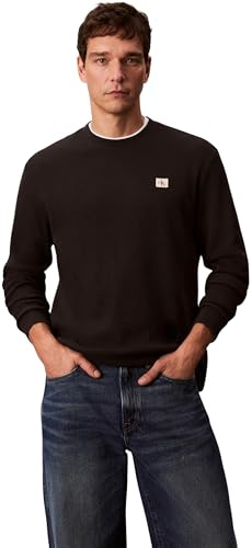 Calvin Klein Men’s Waffle Badge Long Sleeve Top with Round Neck, Black (Black), L