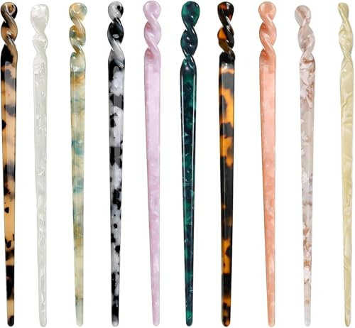 10Pcs Acétate Cheveux Bâtons, BetterJonny Baguettes À Cheveux Vintage Écaille Tortue Épingle Baguettes Bâtons à Cheveux en Acétate Pour Chignons Cheveux Longs Femmes Filles
