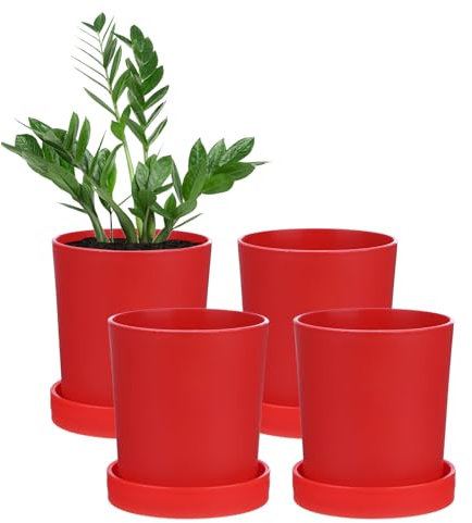 M METERXITY 4-Pack Plant Pots, 3.5 Inch Plastic Flower Pots with Drainage Holes for Cactus/Succulents Pot/Small Plants/Home/Garden, Planters for Indoor Plants [Red]