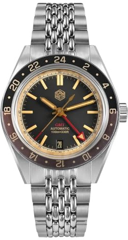 San Martin NH34 GMT Vintage-Armbanduhr mit Aluminium-Lünette, automatisch, mechanisch, Retro, Saphir, wasserdicht, 100 m, SN0116, Retro Schwarz, Klassisch