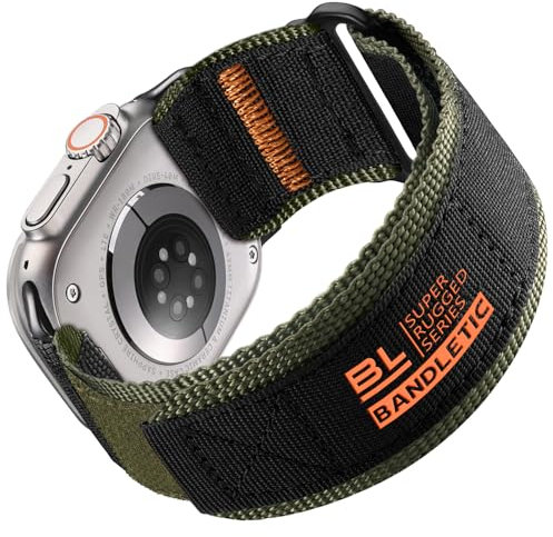 Bandletic Compatibile con Cinturino Apple Watch Ultra 2/Ultra 49mm,Nylon Robusto Morbido Sport Loop Banda per iWatch Series 10 46mm, 9/8/7 45mm, SE2/SE/6/5/4 44mm,3/2/1 42mm per Donne Uomini,NeroVerde