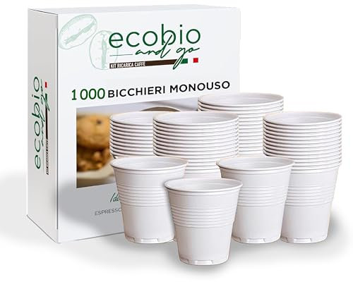 Ecobio and Go - 1000 Bicchieri Caffè Plastica Bianchi 80cl | Monouso e Resistenti al Calore | Ideali per Espresso, Bar, Uffici ed Eventi | Set Pratico per Uso Quotidiano