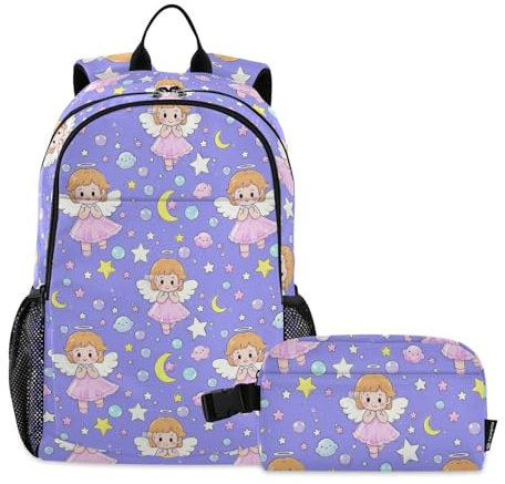 siphylline Niedlicher Cartoon-Feenstern-Rucksack für die Schule, mit Lunch-Tasche, Jungen, Schulrucksack mit Lunchbox, Jungen-Rucksäcke und Lunchbox, 9–10 Jahre, Niedlicher Cartoon-Feenstern, lila