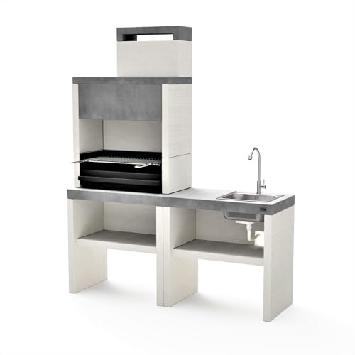 TUOZI - Barbacoa de Obra PLAN 1 PLUS FULL con Fregadero – Para Carbón y Leña, Diseño Moderno en Hormigón Texturizado con Parrilla de Acero Niquelado y Chimenea Integrada (156 x 47 x 192 cm)