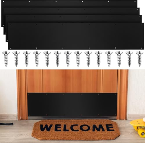 Dunzy 4 Stück 20,3 x 91,4 cm Metall-Trittplatte für die Unterseite der Tür, Aluminium-Trittplatten mit Schrauben für Holz, Metall, Innen- und Außenbereich, Anti-Kratzschutz (schwarz)
