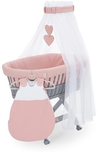 FabiMax Stubenwagen Grau Komplettset mit Matratze, Musselin-Schlafsack oder Bettwäsche, Himmel & Weidenkorb (Schlafsack, Rosa)