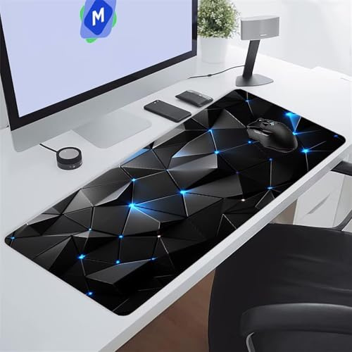 Grand Tapis de Souris Gamer 900x400x2 mm Géométrique Bleu Noir Tapis de Souris Gaming Protecteur de Bureau XXL Lavable Améliore la précision et la Vitesse pour PC Laptop