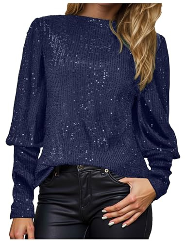 DACONGMING Glitzer Oberteile Damen Pailletten Bluse Chiffon Langarm Rundausschnitt Wickelbluse Glitzer Party Tops Festliche Cocktail Oberteile