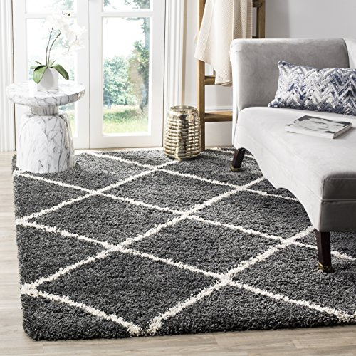 SAFAVIEH Zottelig Teppich für Wohnzimmer, Esszimmer, Schlafzimmer - Hudson Shag Collection, Hoher Flor, Dunkelgrau und Elfenbein, 91 X 152 cm