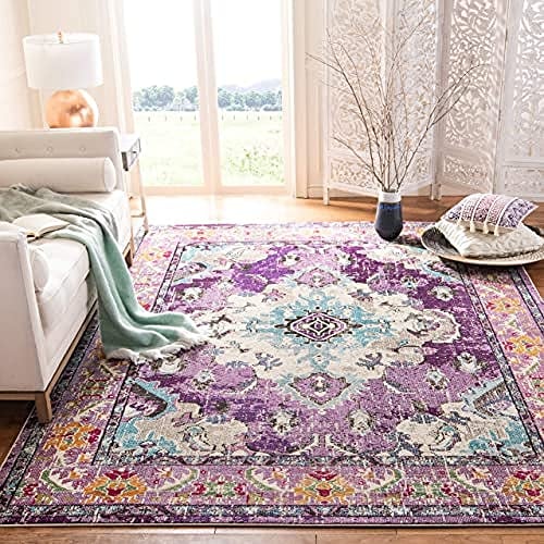 SAFAVIEH Boho Teppich für Wohnzimmer, Esszimmer, Schlafzimmer - Monaco Collection, Kurzer Flor, Violett und Hellblau, 155 X 231 cm