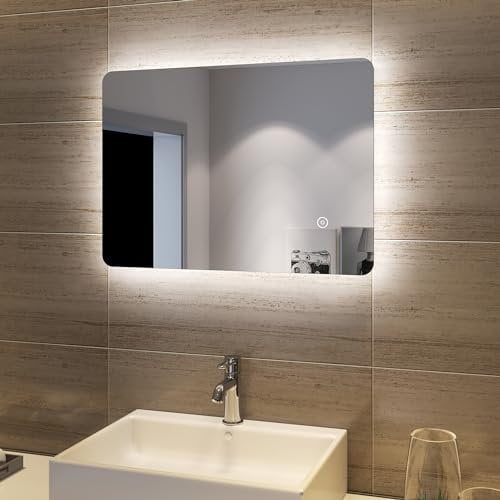 SONNI LED Badspiegel 50x70 cm mit Touch, 3 Lichtfarben, Anti-Beschlag & Gedächtnisfunktion Badezimmerspiegel mit Beleuchtung