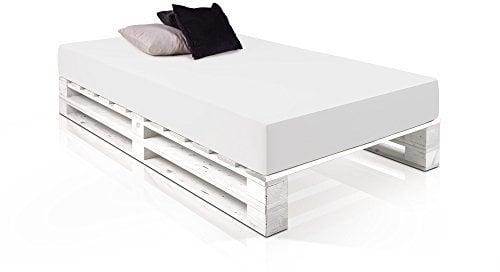 PALETTI Massivholzbett Duo Holzbett Palettenbett Bett aus Paletten mit 11 Leisten, Palettenmöbel Made in Germany, 140 x 200 cm, Fichte Weiss