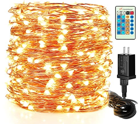 Moobibear LED String Lights, 99ft 300 LEDs Fairy Lights Plug in, Dimmable Outdoor Tree Lights, UL-Listed Warm White Copper String Lights Remote Control for Room Garden Party Christmas Festival Decor