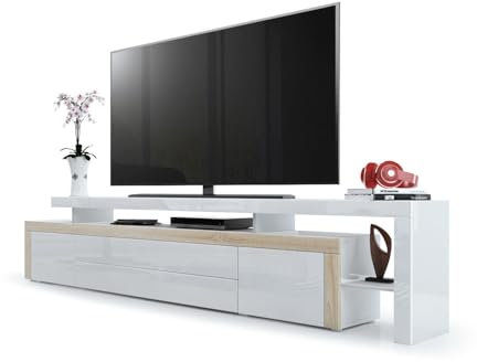 Vladon TV Board Lowboard Leon V3, Made in Germany, Korpus und Überbau in Weiß Hochglanz/Front in Weiß Hochglanz mit Rahmen in Eiche sägerau (227 x 52 x 35 cm)