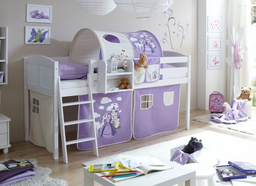 Hochbett Spielbett Eric Landhaus Kiefer massiv Weiss, Vorhangstoff:Horse Lila