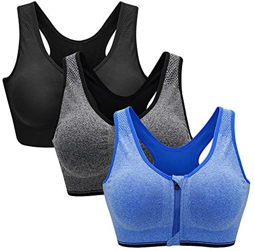 Zoerea Sports BH Damen Push Up Zip Front, 3er Pack Impact Yoga Bra, Gr.-M: Fit 75A 75B 75C 75D 80A 80B, Schwarz,grau und Blau