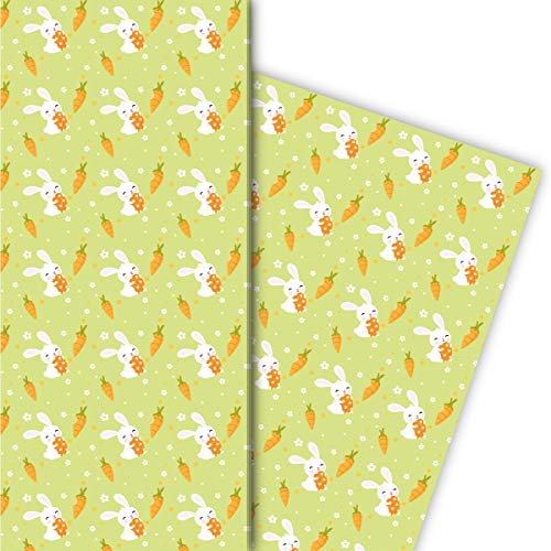 Kartenkaufrausch Lustiges Oster Geschenkpapier Set 4 Bogen mit Osterhasen und Karotten für tolle Geschenkverpackung zum Einpacken 32 x 48cm, Geschenkpapier für Geburtstage, Geburt, Ostern, grün