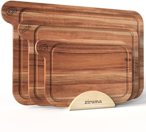Ziruma FSC Akazienholz-Schneidebrett 3er-Set mit Halter, bienenwachskonditioniert, für immer chemiefrei, 40x28, 33x23, 25x18 cm