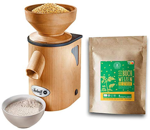 Getreidemühle Mockmill Lino 100 | Made in Germany | Edelkorund und Keramik Mahlstein | frisches Mehl | (Lino 100 + 2,5 kg Bio Buchweizen)