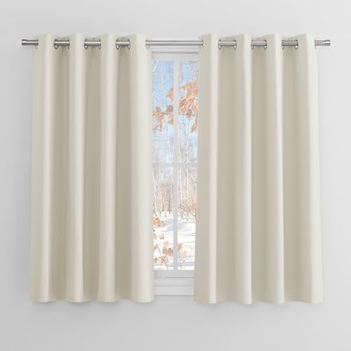 PONY DANCE Beige Thermal Insulated Curtains with Eyelet - Energy Saving Light Filtering Curtains 54 Drop for Bedroom/Kitchen/Living Room Short Windows, W46 X L54, 1 Pair