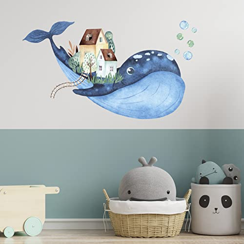 GRAZDesign Wandtattoo Kinderzimmer Wal mit Häuser, Wandsticker Unterwasserwelt als Aufkleber für Kinderzimmer & Babyzimmer, Wandaufkleber Bad, Aquarell Größe 52x30cm