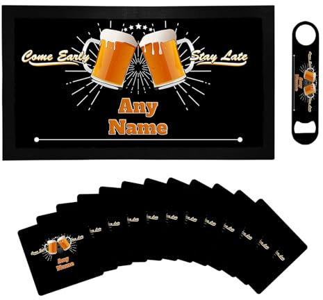 Personalised Bar Runner Mat, Matching Bottle Opener & 12 x Beer Mats Gift Set|Beer Gifts Home Bar Accessories for Pub Bars Man Cave Him Her|BRS-DI046|ADD Any Name/Text