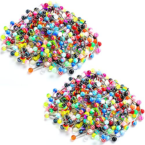 Jadive 200 Stück Zungenringe 14G 16 mm Nippelringe Gerade Langhanteln Edelstahl Piercing Schmuck Süßigkeiten Sortierte Farben Acryl