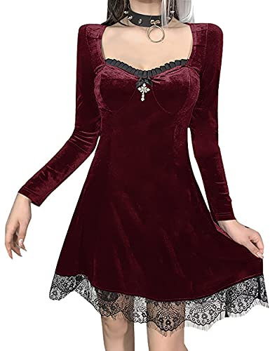 Gothic Punk Long Sleeve Flare Dress Sexy Black Mesh Saw Wing Mini Dress Elegant Lace Up Vintage Goth Retro Party Dresses