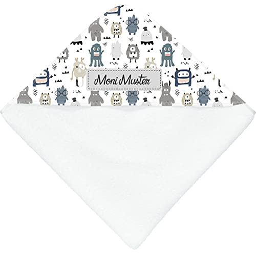 Kapuzenbadetuch mit Namen - personalisiert - Motiv Monster grau - viele Motive - Kapuzenbadetuch- weiß - Größe 80x80 cm - persönliches Geschenk mit Wunsch-Motiv und Wunsch-Name