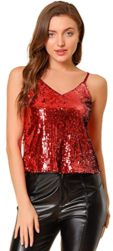 Allegra K Women Sequined Shining Glitter Club Party Camisole Cami Top | Adjustable spaghetti straps. Reversible sequin colors. Shimmering sequin offers beautiful shine