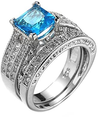 Lieson Ring Weißgold Damen, Frauen Ring mit Stein Vergoldet Vintage Doppelring Set Trauringe Für Frauen Quadrat Hellblau Zirkonia Ring Größe 60 (19.1)