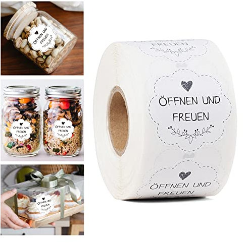 Öffnen und Freuen Aufkleber 600 Stück 40mm Blumenförmige Etiketten auf Rolle Geschenkaufkleber Selbstklebend ideal für Geschenkverpackung,Hochzeit,Überraschung,Individuelles Design (Weiß)