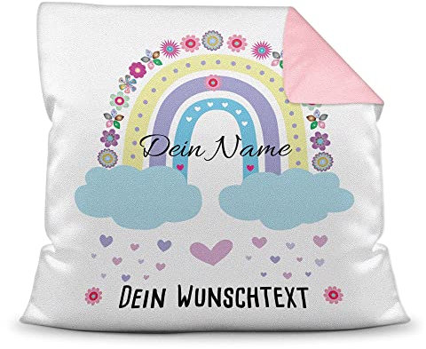 PR Print Royal Kinder-Kissen selbst gestalten mit Name & Text - Regenbogen Wolken - Geschenk für Kinder, Mädchen & Jungen - inkl. Füllung, Farbkissen Rückseite Rosa, 40x40 cm I Personalisiert