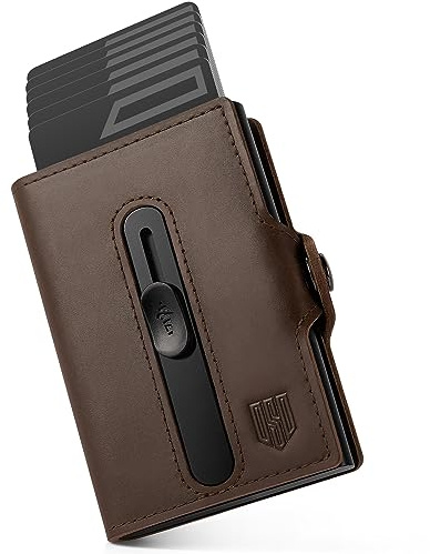 Portefeuille de Protection pour Homme DODENSHA RFID | Porte-cartes pour Carte Bancaire en Aluminium au Design POP-UP | Porte-cartes pour Carte en Métal Automatique | Cadeau pour Homme | Marron Vintage