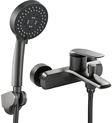 Klobvtt Duschwannen-Mischbatterie, moderne runde Einhebel-Badewannen-Mischbatterien, wandmontierte Dusche für Badezimmer/Badewanne mit 5-Funktions-Duschkopf, 1/2 Zoll 1,5 m Edelstahlschlauch, Halterun