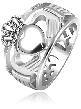 Uloveido Y1729 Freundschaftsring mit Weißgold vergoldet, Handherz, Liebeskrone, irischer Claddagh-Ring für Damen und Herren, Edelstahl, Kein edelstein
