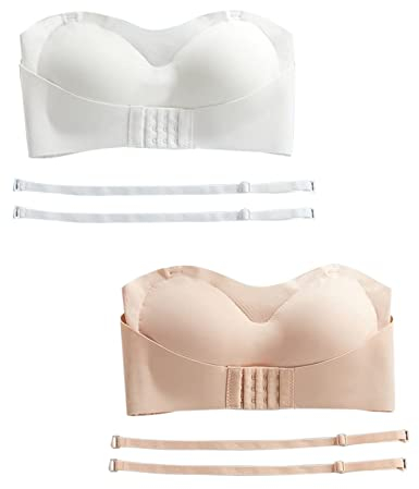 BIBILILI 2 Stück Damen Dessous Trägerloser Frontschnalle Lift Up BH Bügelloser Anti-Rutsch Unsichtbarer Push Up BH mit abnehmbaren Trägern Trägerloser Bralette Übergröße, weiß, XL