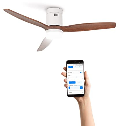 CREATE / WINDCALM M/Deckenventilator ABS mit Beleuchtung Weiß Dunkelholzflügel-Optik mit WLAN und Fernbedienung/Leise, 40W, Ø132cm, Timer von 1 bis 4 Std., Sommer-Winterbetrieb