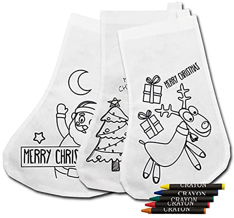 Weihnachtsstrümpfe, 30 Stück, zum Ausmalen, Weihnachtsstrümpfe, mit 5 Wachsmalstiften, Weihnachtsgeschenke zum Aufhängen, Geschenke für AMPAS Kindergärten und Schulen