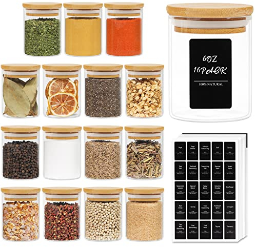ComSaf 16Pcs Glass Spice Jars with Bamboo Lid, 6oz/180ml Airtight Round Spice Containers with 275 Black Lables, Empty Seasoning Jars for Spice Salt Sugar