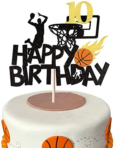 SYKYCTCY 1 Pack Happy 10th Birthday Basketball Cake Topper Glitter NBA Fan Basketball Sports Cake Pick for Baby Shower 10th Birthday Cake Decorations Party Supplies