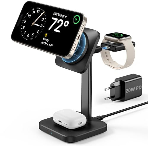 ESR 3 in 1 Ladestation für MagSafe Apple Watch und iPhone, Magnetisches Kabelloses Ladegerät Schnellladen kompatibel mit iPhone 16/15/14, Apple Watch 8/7/6/5/4/3/2/SE und AirPods 4/3/2/Pro, Schwarz