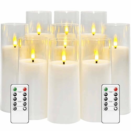MozkeTo19 Flickering Flameless Candles, Battery Operated with Remote and 2/4/6/8 H Timer, Pack of 9 (D2.3 xH 5 6 7) with Realistic Moving Wick Candles for Home Decor (White)