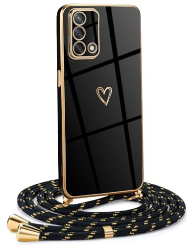 Mkej Frauen Mädchen Handykette Kompatibel mit Oppo A74 4G - Silikon Hülle mit Band - Handyhülle für Oppo A74 4G Herz Love Design Galvanik - Hülle mit Kordel in schwarzes Gold