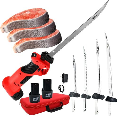 HYQNG Couteau à fileter Le Poisson sans Fil,Couteau à Filet électrique pour Poisson avec 4 Lames alternatives antiadhésives revêtues Ti-Nitride S.S.,Couteau à Poisson Rechargeable,Couteau à découper